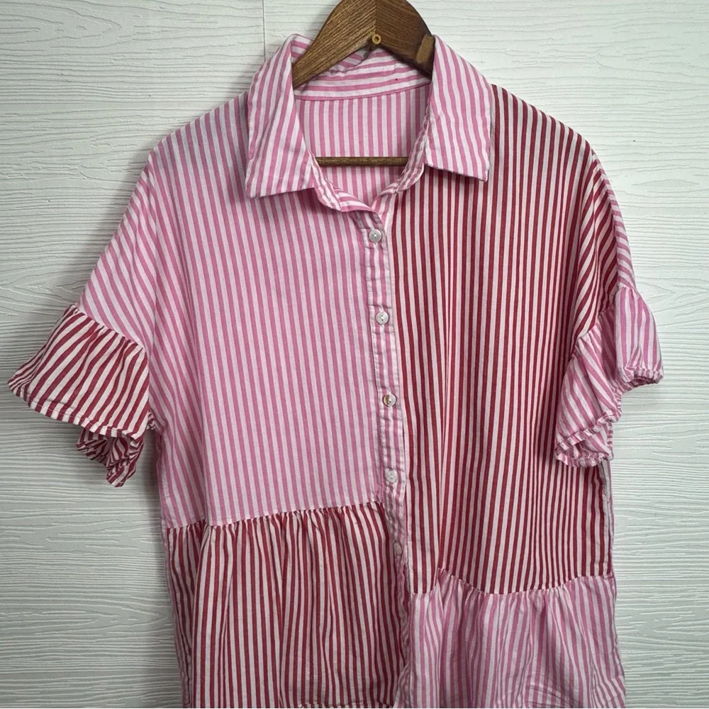 Striped Pink Button-Front Patchwork Cotton Top XL - Picture 3 of 8
